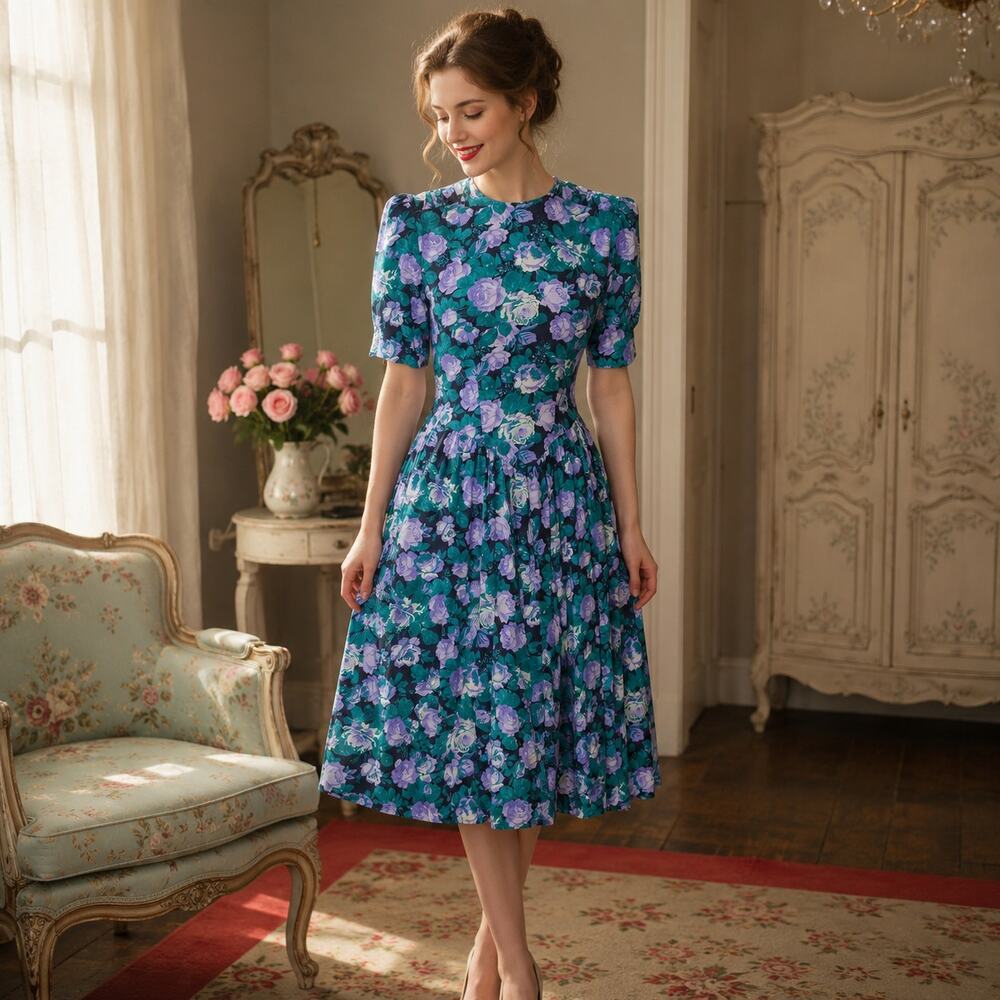 80s E.D. Michaels Floral Rayon Midi Dress Purple Teal Puff Sleeve - S